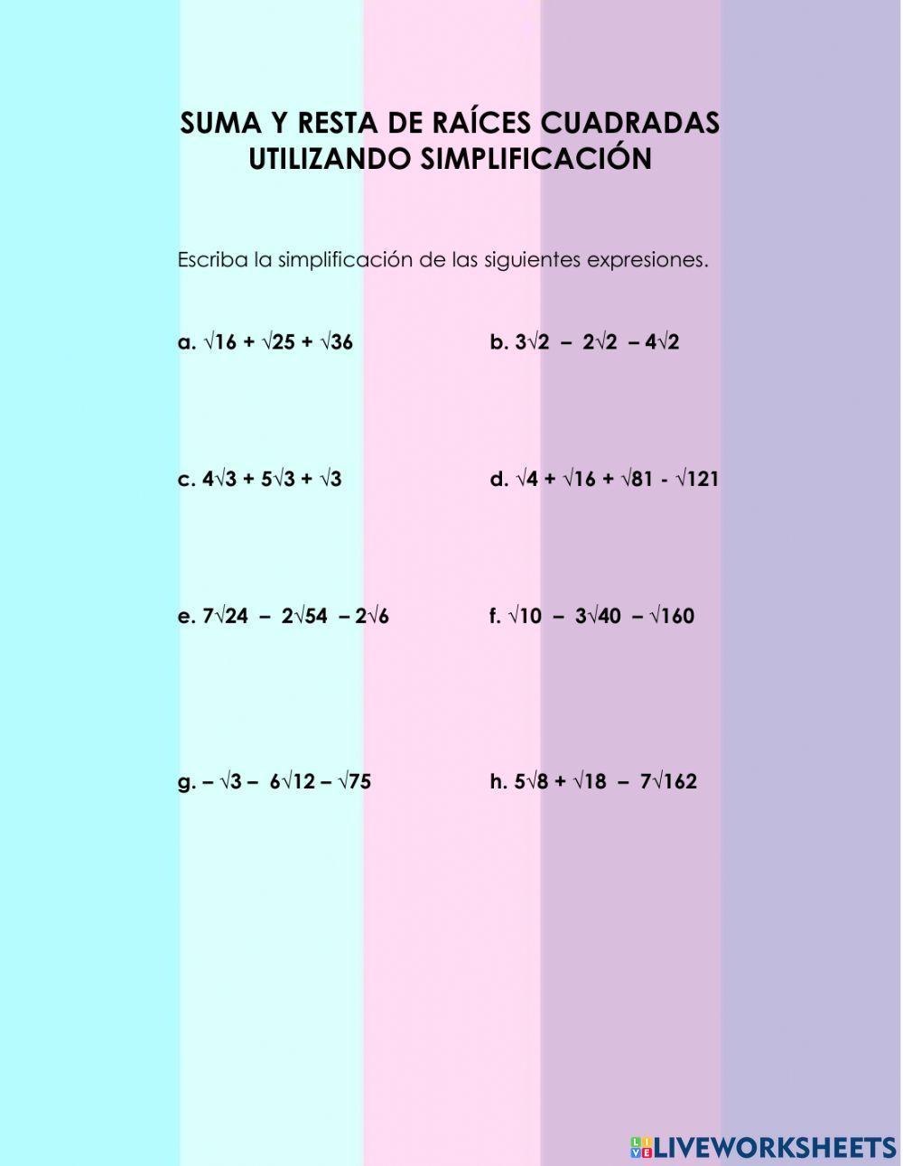 Suma y resta de raíces cuadradas utilizando simplificación