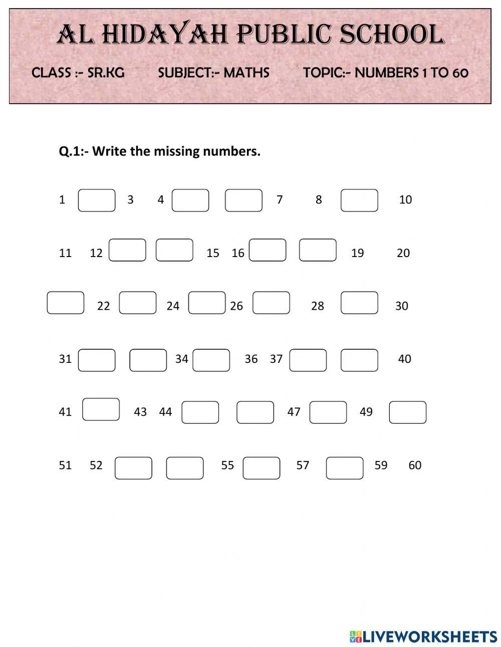 Numbers 1 to 60 worksheet | Live Worksheets