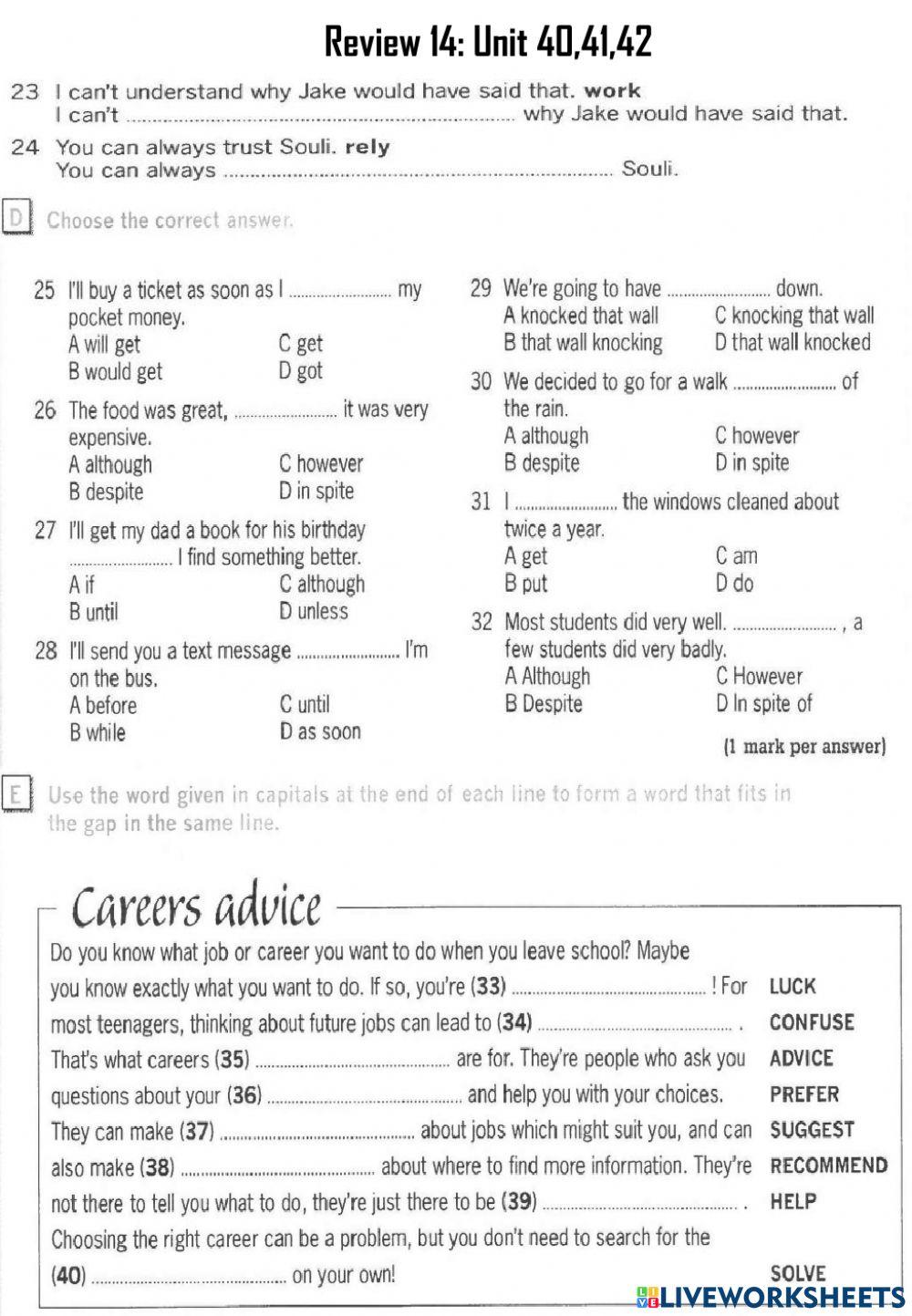 Destination b1 review 14 worksheet live worksheets