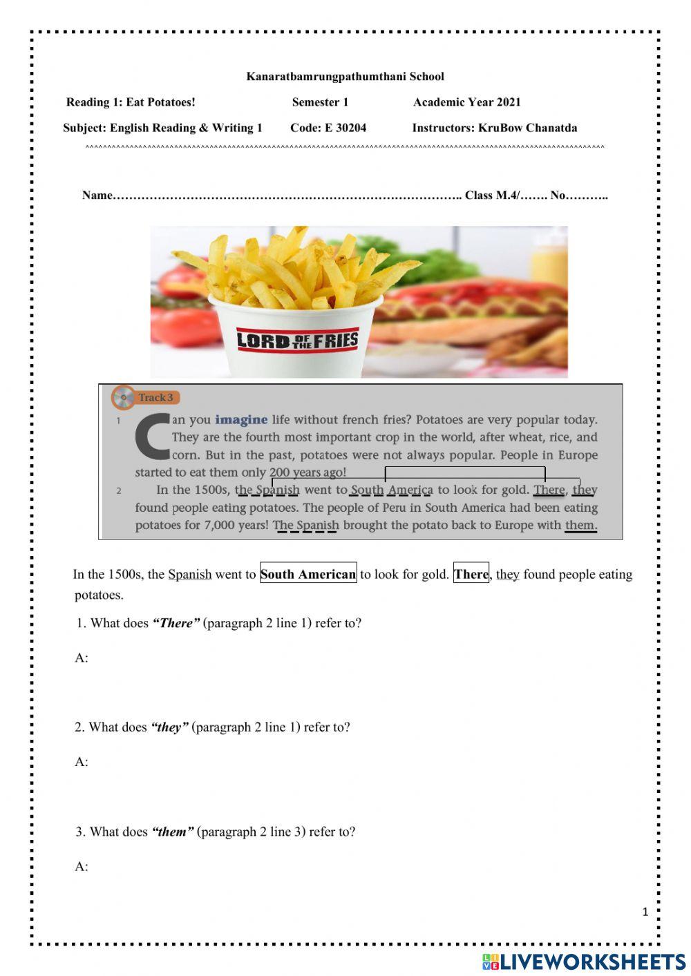 Unit 2 Reading 1 - Eat Potatoes Worksheet Unit 2 Reading 1 - Eat Potatoes Worksheet