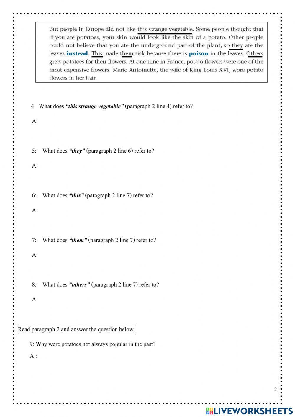 Unit 2 Reading 1 - Eat Potatoes Worksheet Unit 2 Reading 1 - Eat Potatoes Worksheet