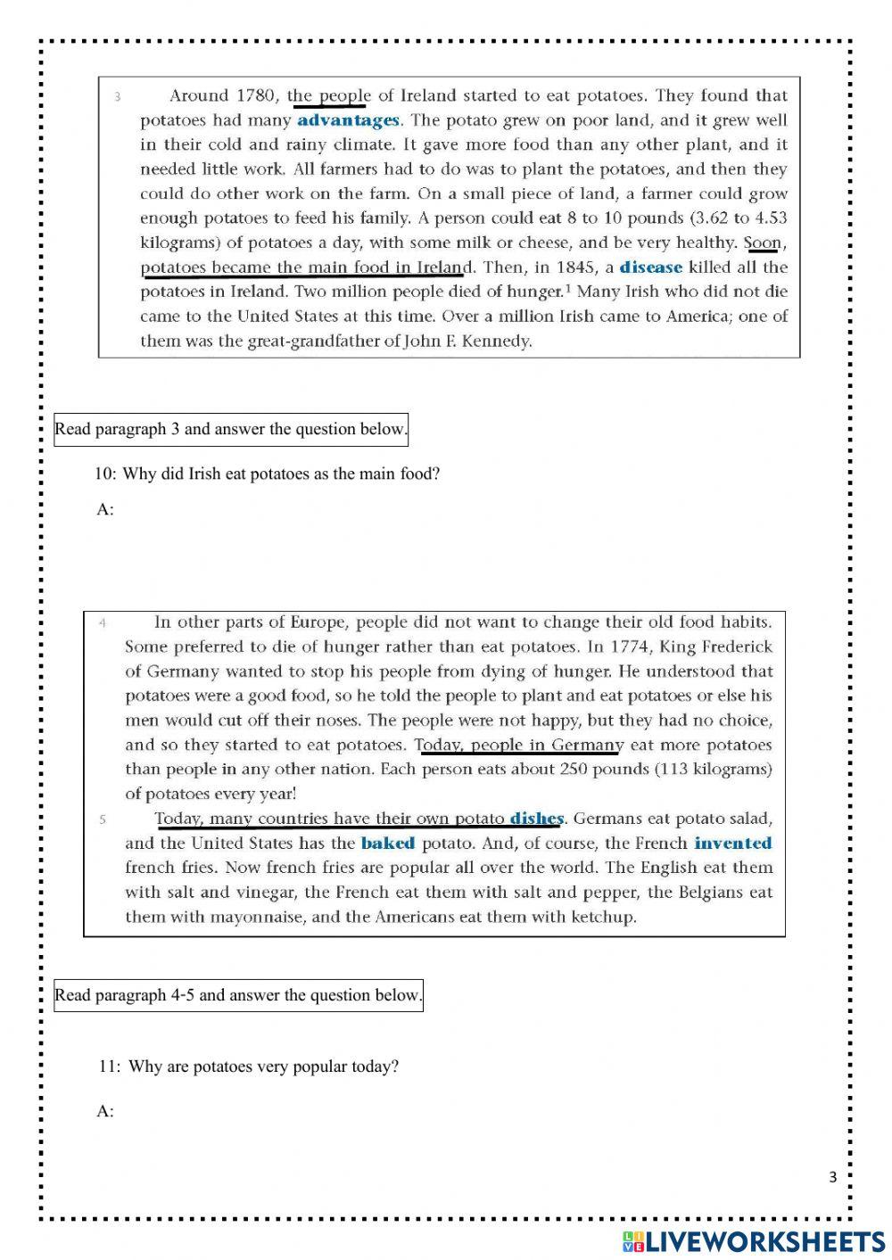 Unit 2 Reading 1 - Eat Potatoes Worksheet Unit 2 Reading 1 - Eat Potatoes Worksheet