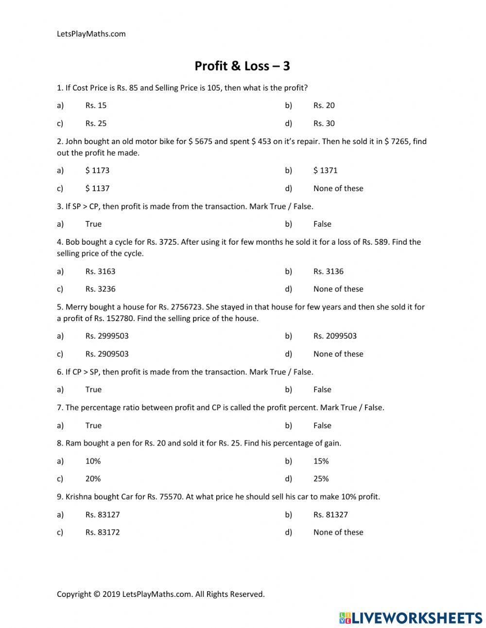 PROFIT AND LOSS online exercise for | Live Worksheets