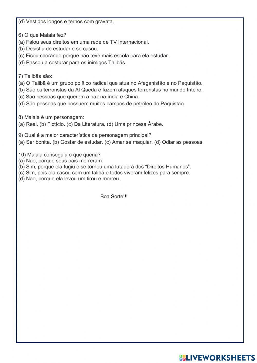 Interpretação textual - Adaptação do Livro MALALA