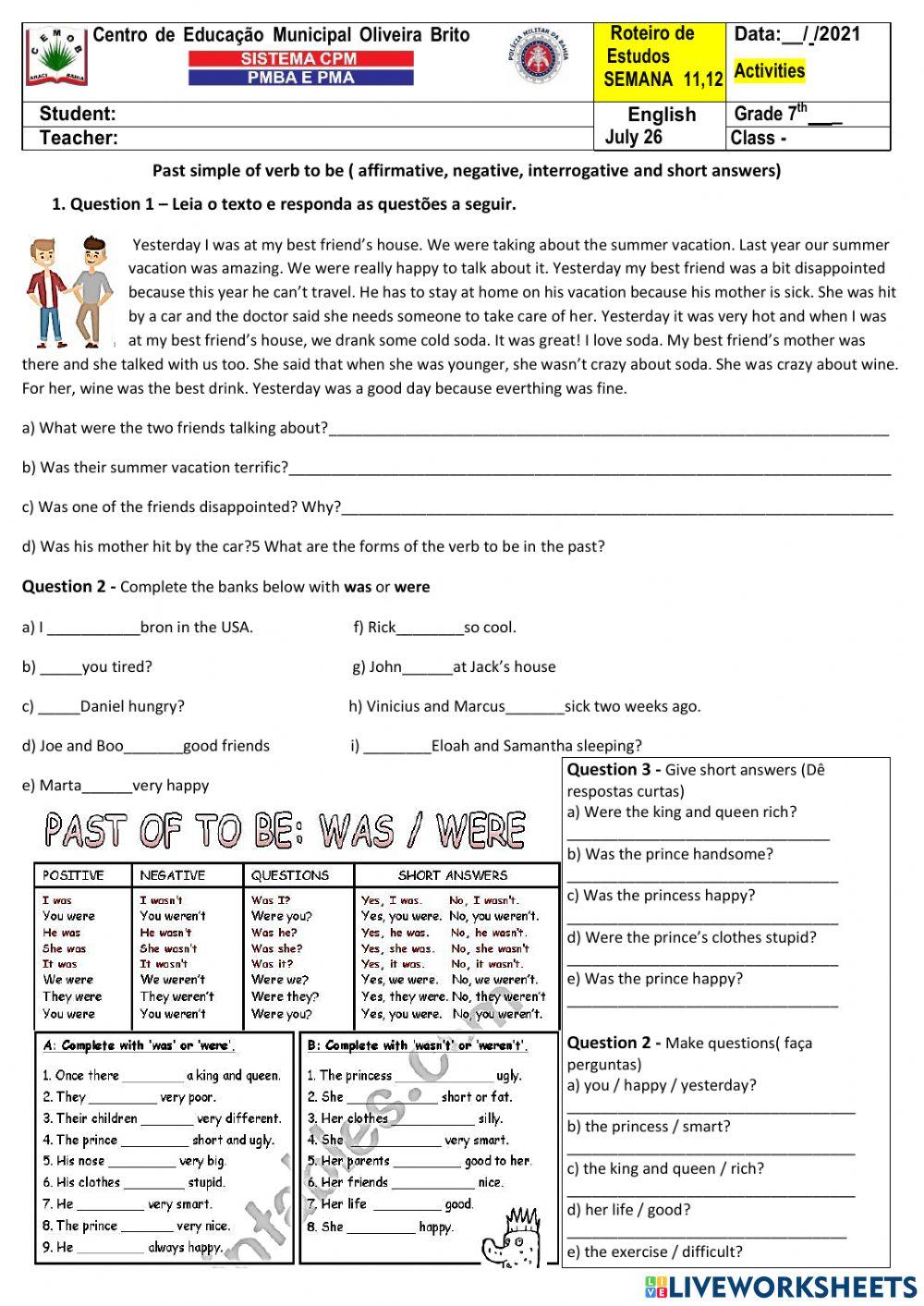 Past simple of the verb to be