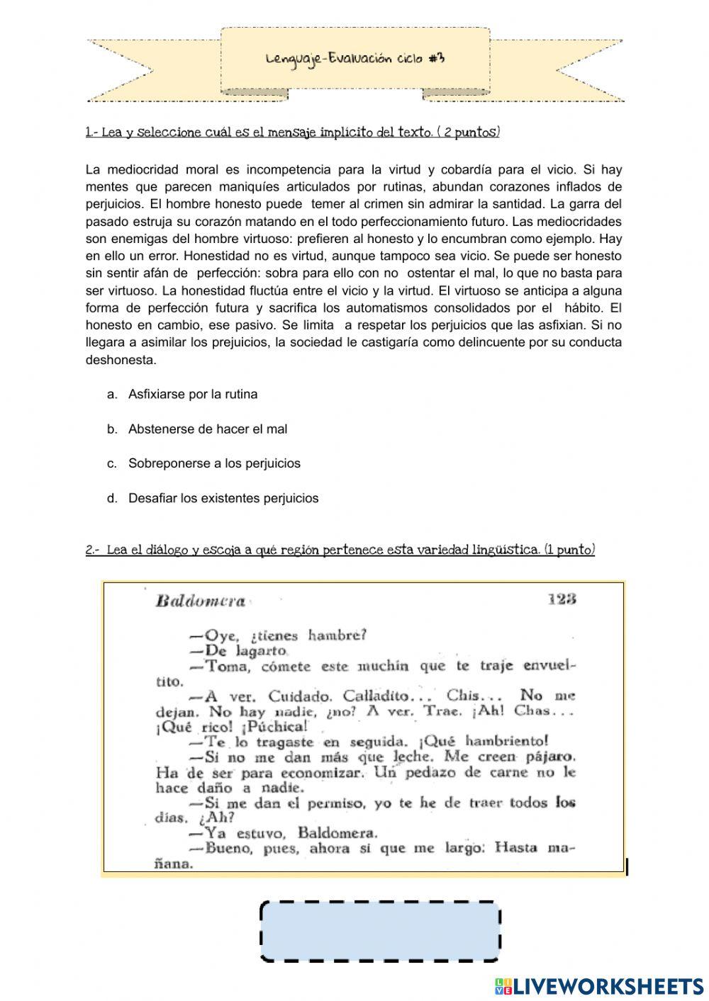 Evaluación Lenguaje ciclo -3 Bach.