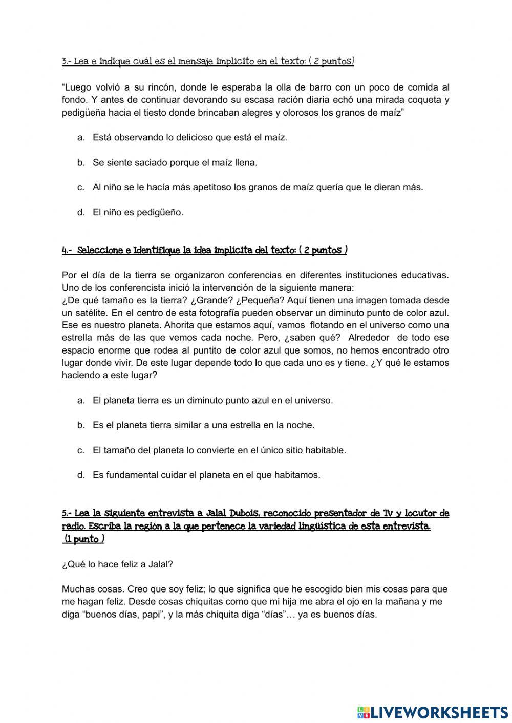 Evaluación Lenguaje ciclo -3 Bach.