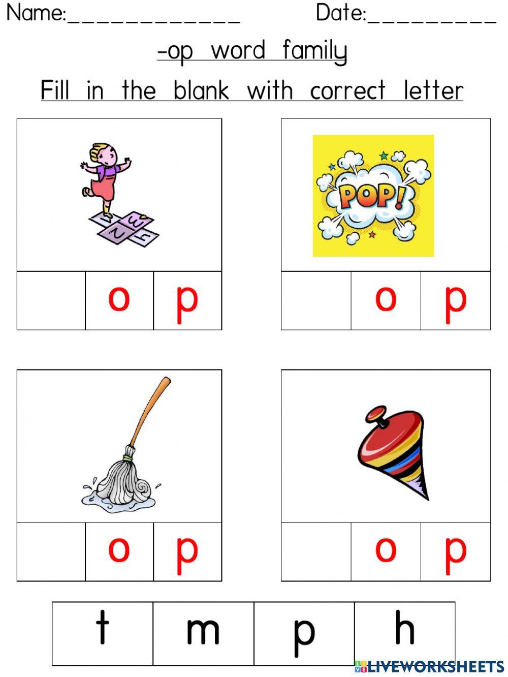 op word family (Fill in the blank with correct letter)