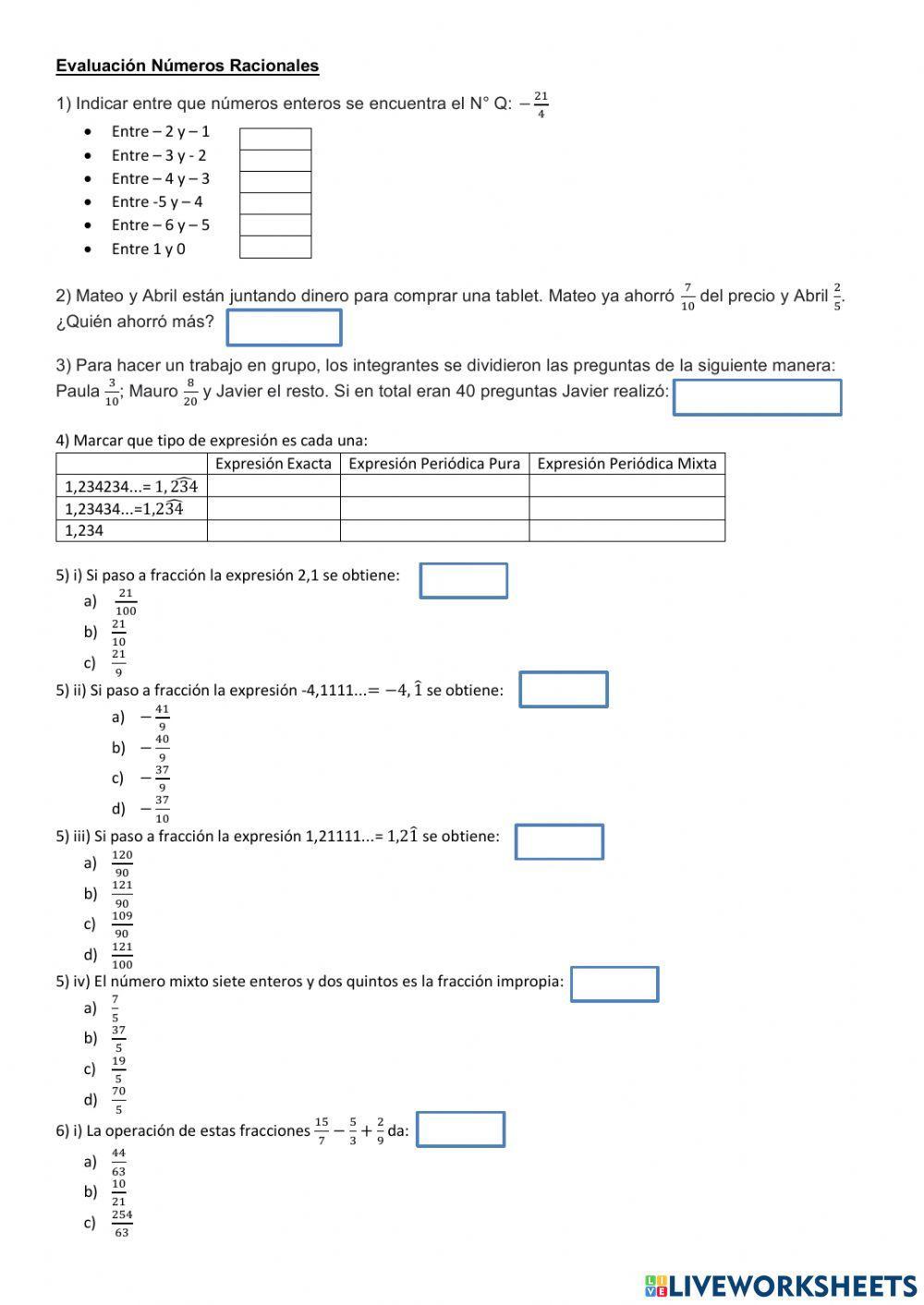 Evaluación Números Racionales