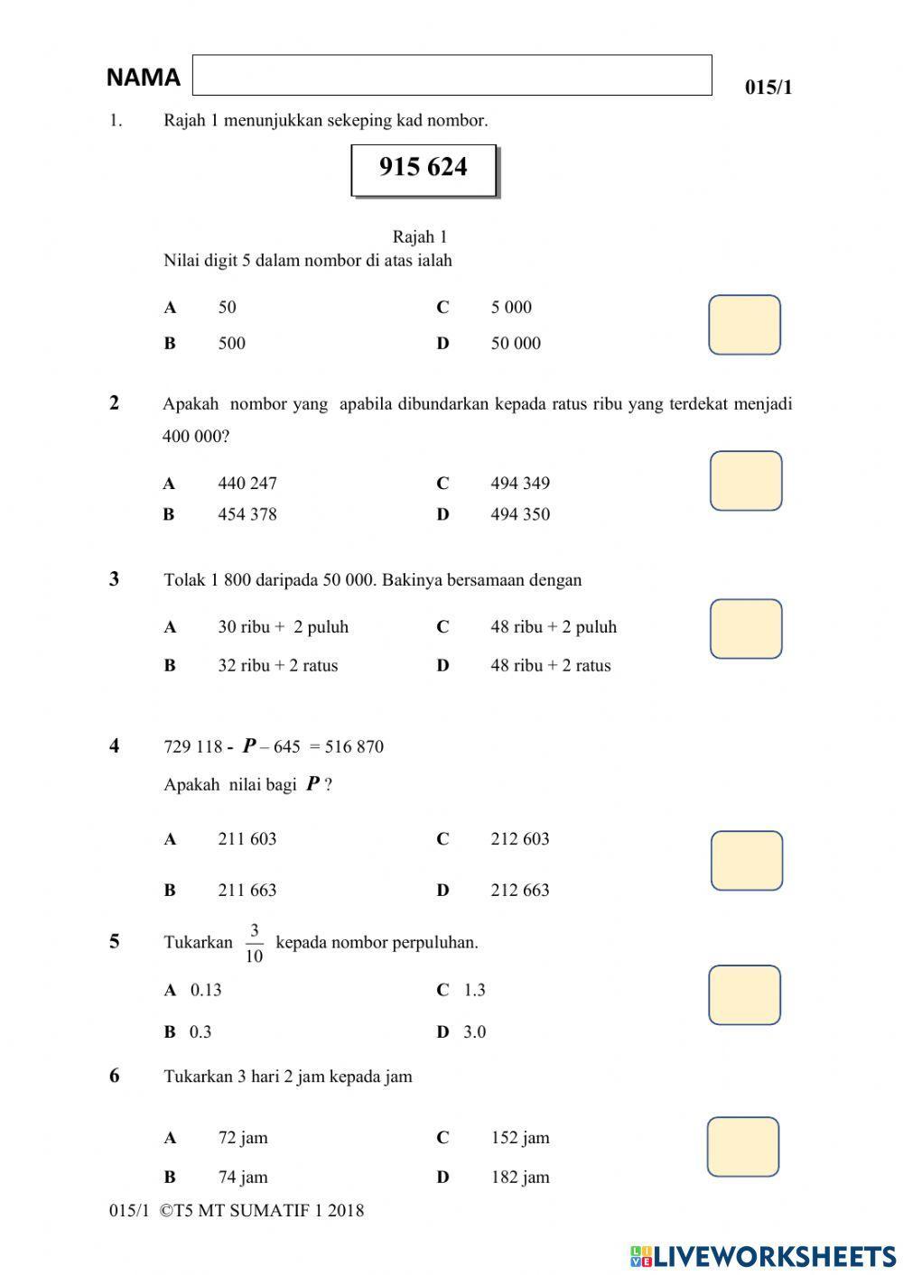 Ujian Sumatif Matematik Kertas 1-Bhg 1 Ujian Sumatif Matematik Kertas 1-Bhg 1