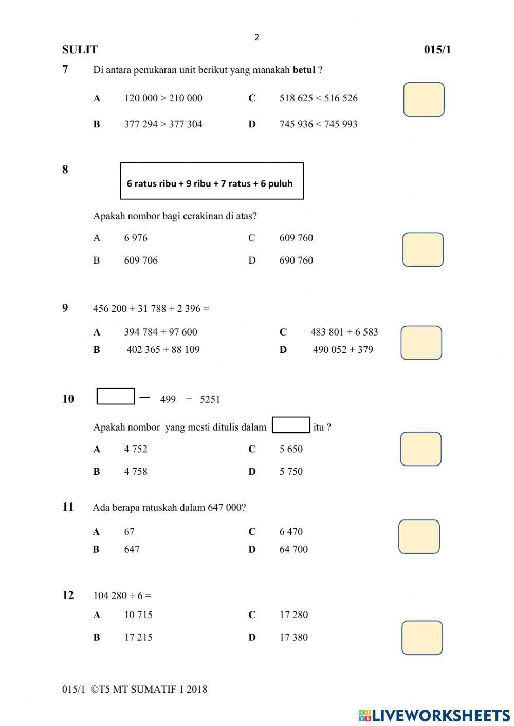 Ujian Sumatif Matematik Kertas 1-Bhg 1 Ujian Sumatif Matematik Kertas 1-Bhg 1