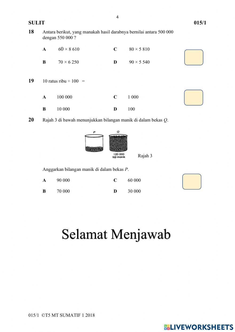 Ujian Sumatif Matematik Kertas 1-Bhg 1 Ujian Sumatif Matematik Kertas 1-Bhg 1