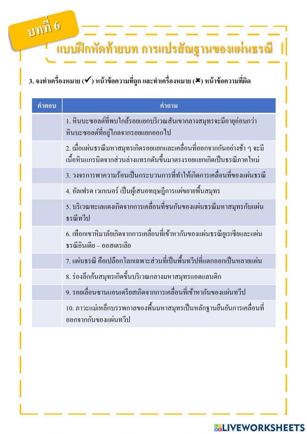 แบบฝึกหัดท้ายบทที่ 6 การแปรสัณฐานของแผ่นธรณี