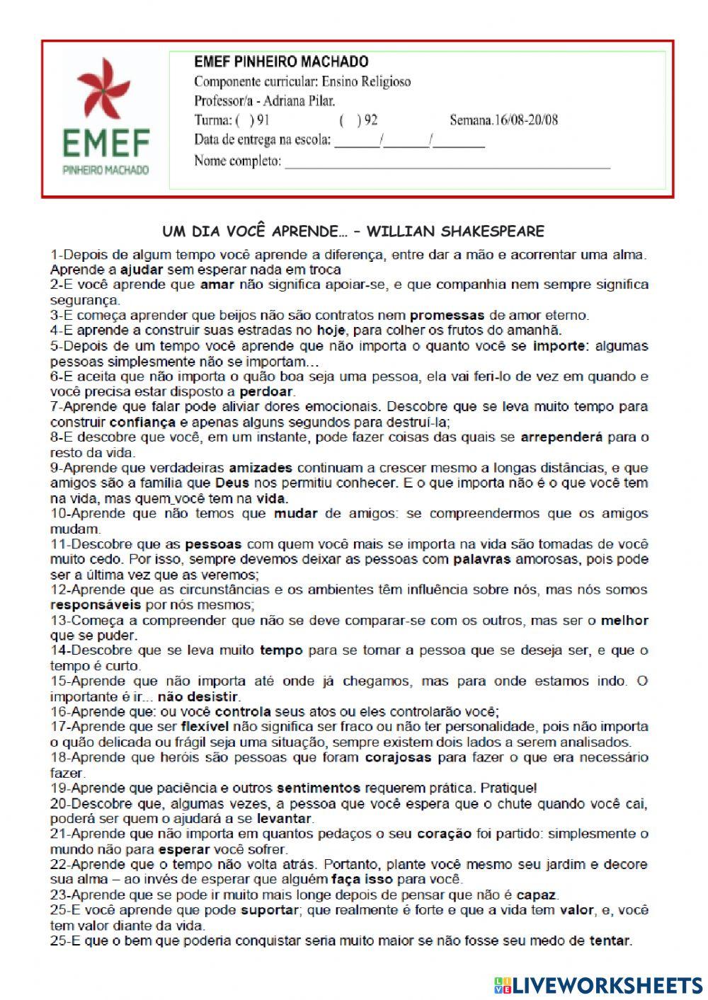 Um dia você aprende WILLIAN SHAKESPEARE