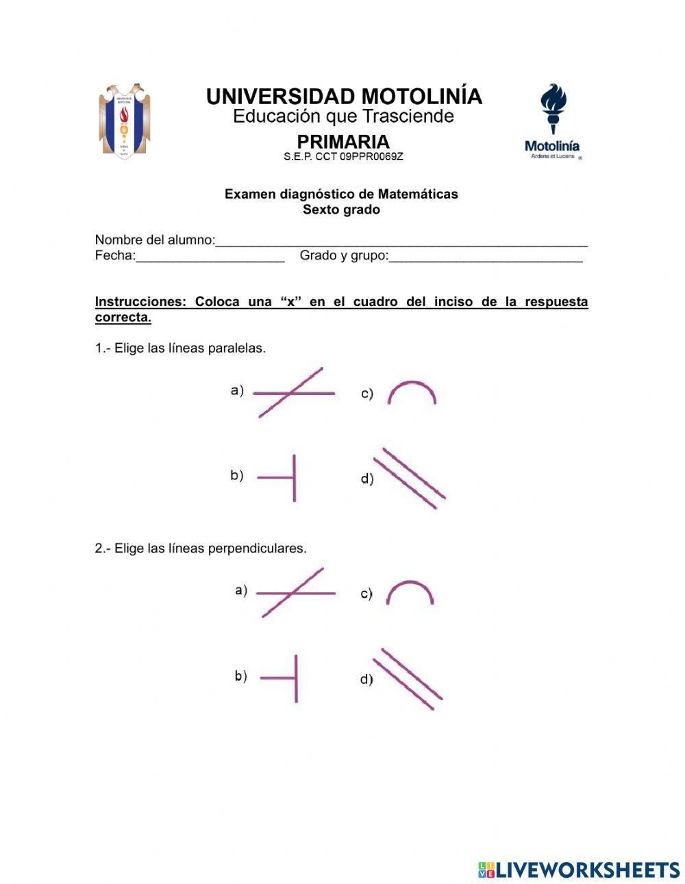 Examen diagnóstico sexto grado
