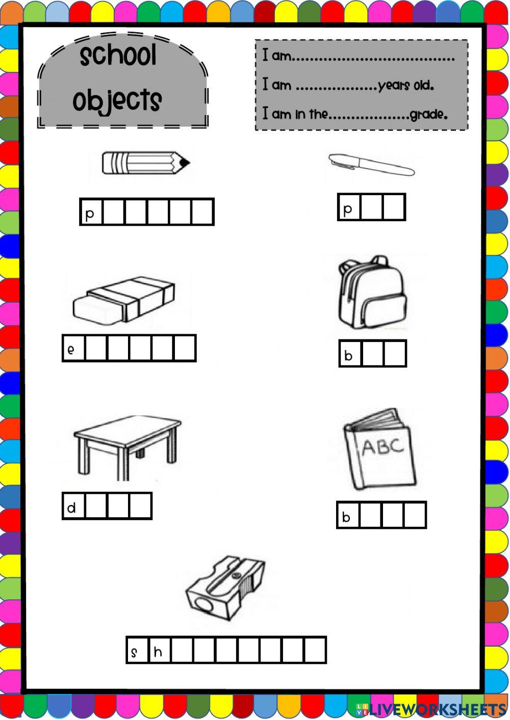 School objects online exercise for 1-3 | Live Worksheets