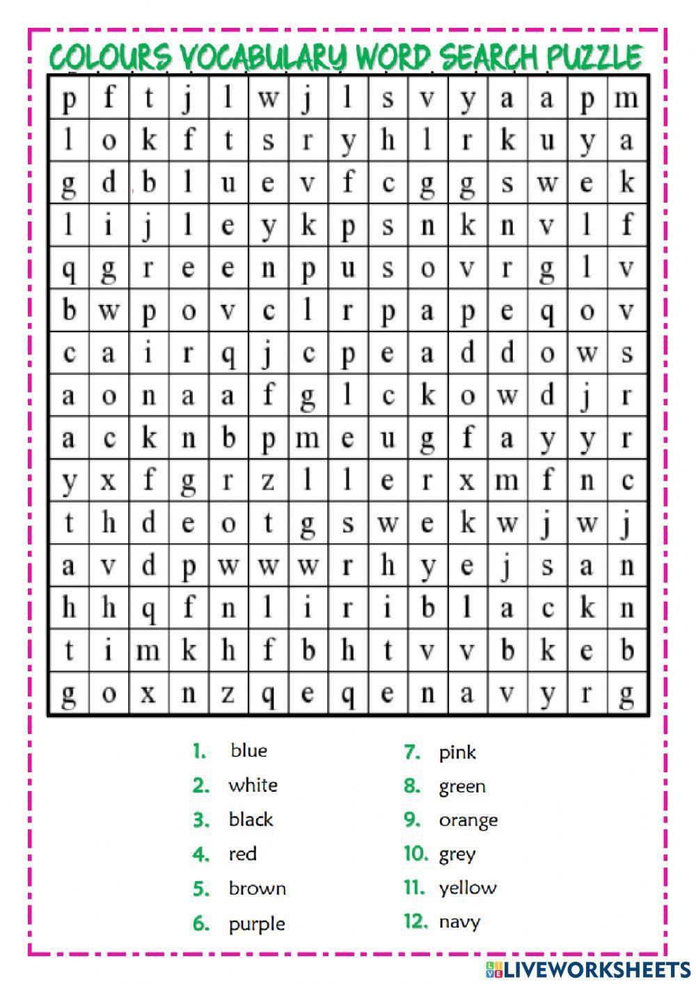 Colours vocabulary word search puzzle