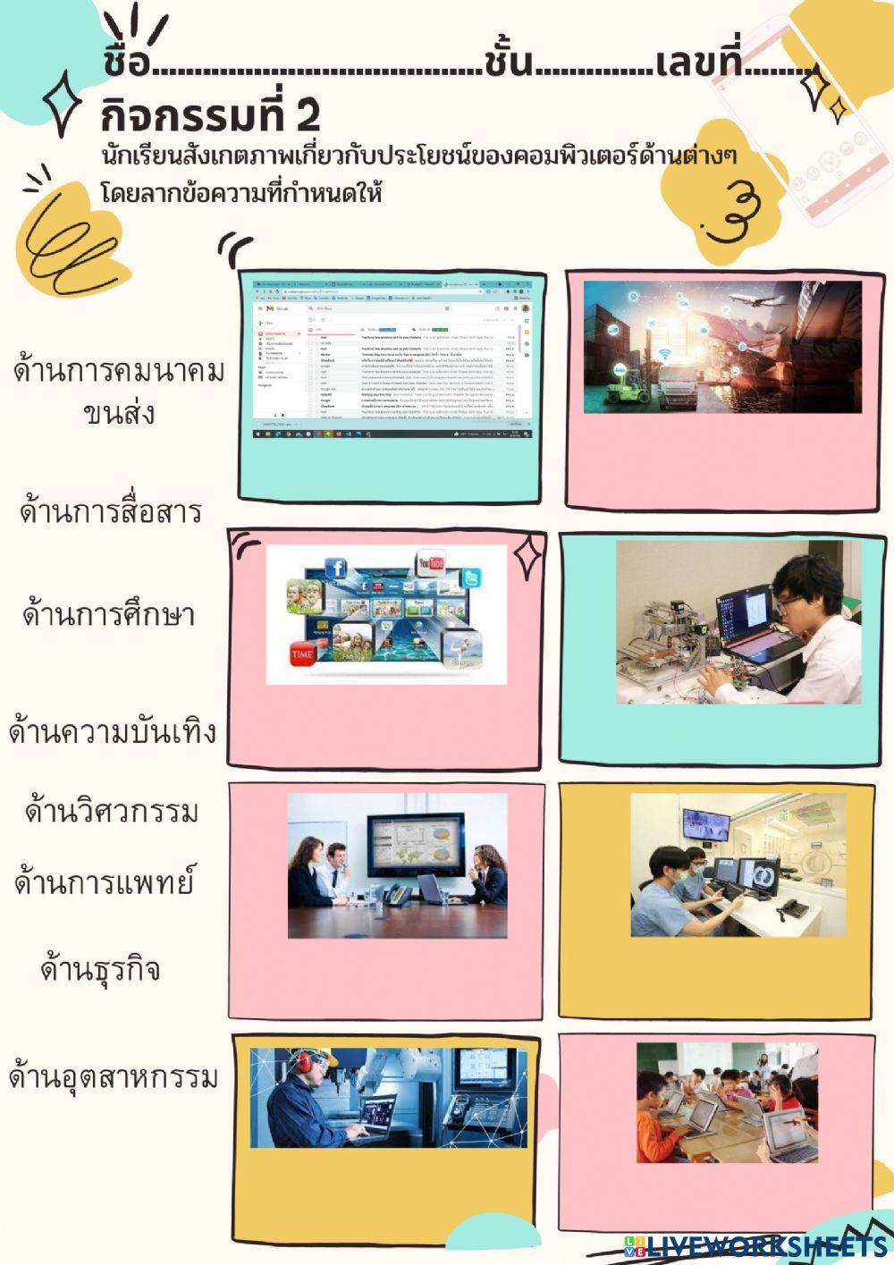 นักเรียนสังเกตภาพเกี่ยวกับประโยชน์ของคอมพิวเตอร์ด้านต่างๆ โดยลากข้อความที่กำหนดให้