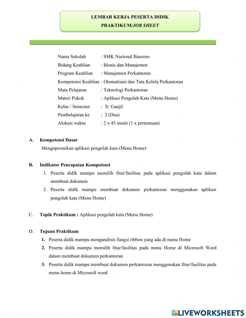 LKPD Praktikum Teknologi Perkantoran - Aplikasi Pengolah Kata - menu Home