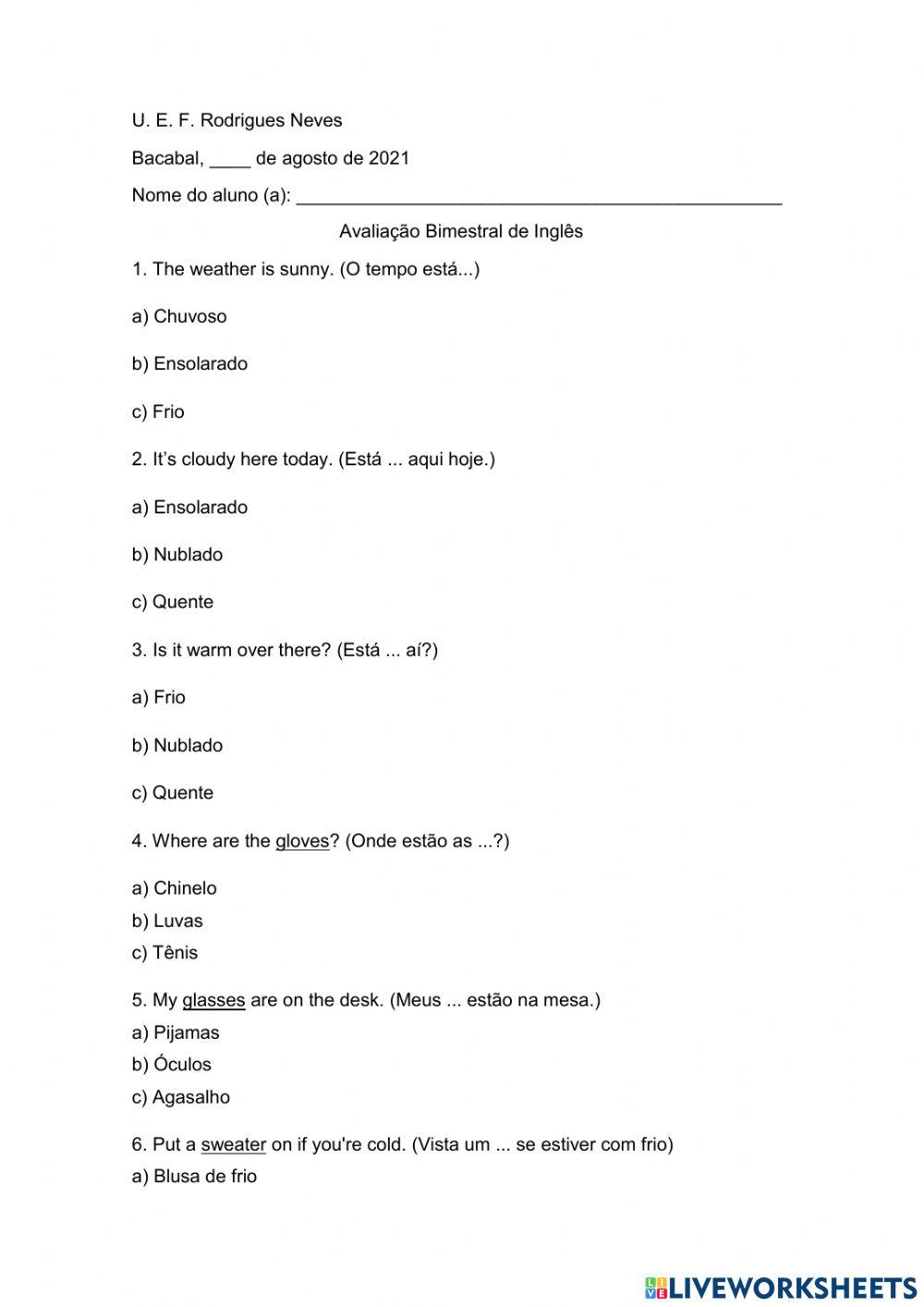 Avaliação de inglês 3º ano