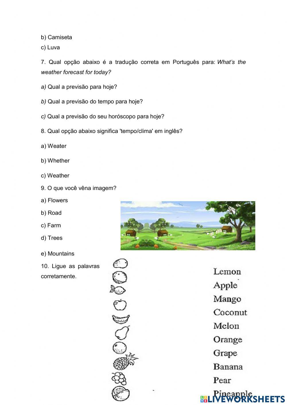 Avaliação de inglês 3º ano