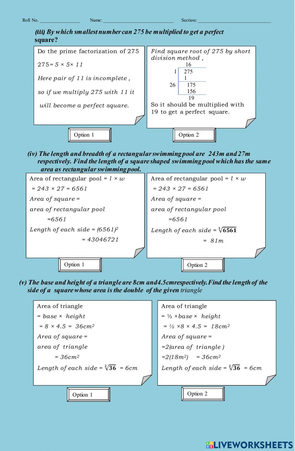 Square root worksheet worksheet | Live Worksheets