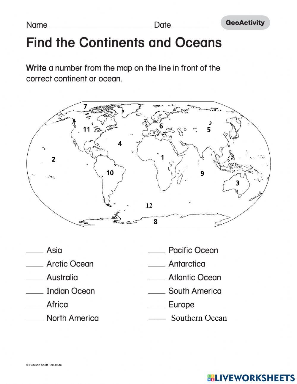 Continents and Oceans Social Studies exercise | Live Worksheets