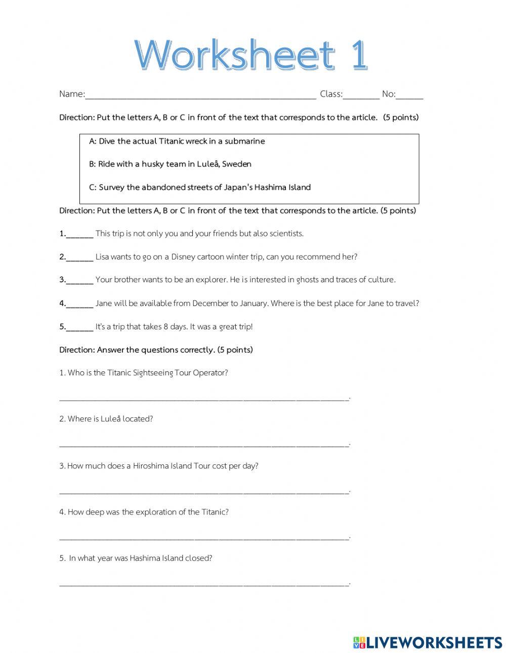 Worksheet 1 online exercise for Grade 8 Live Worksheets