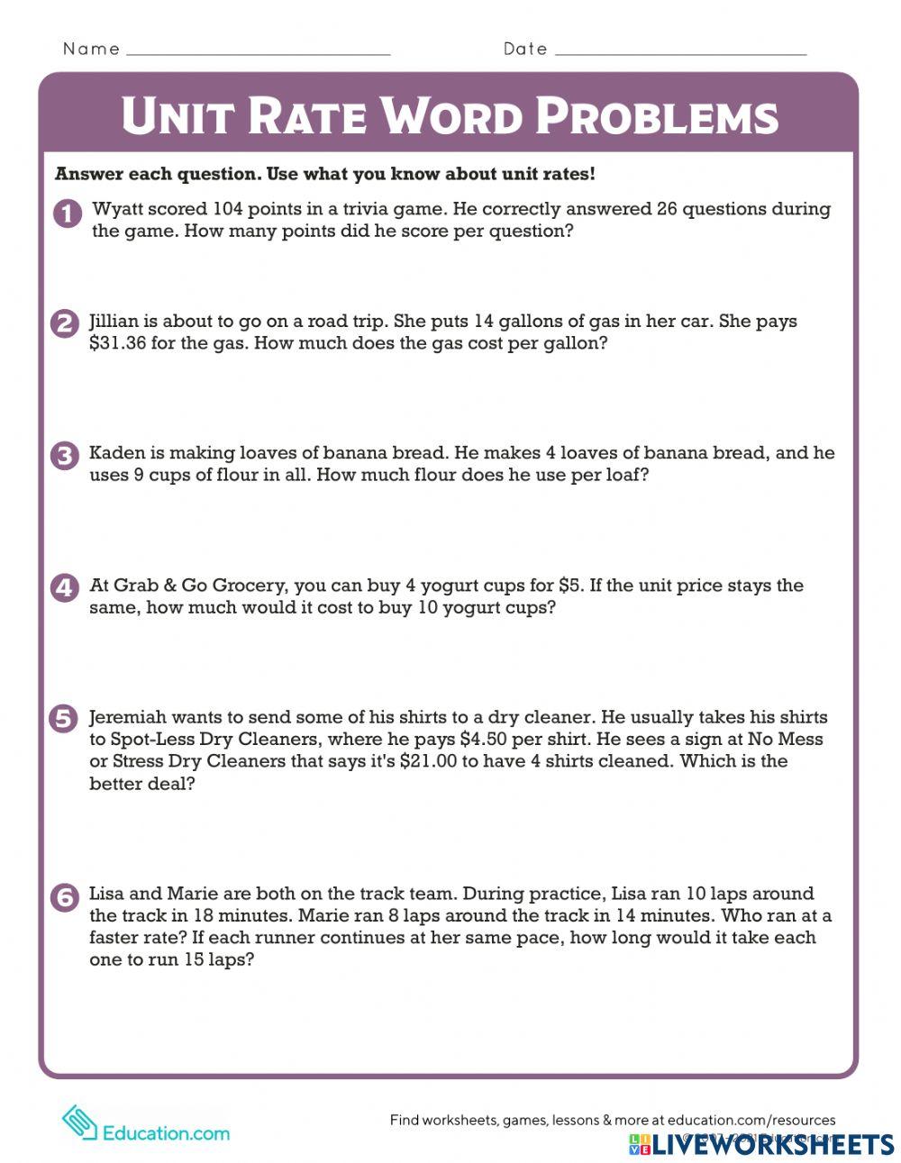 Unit rate interactive worksheet Live Worksheets
