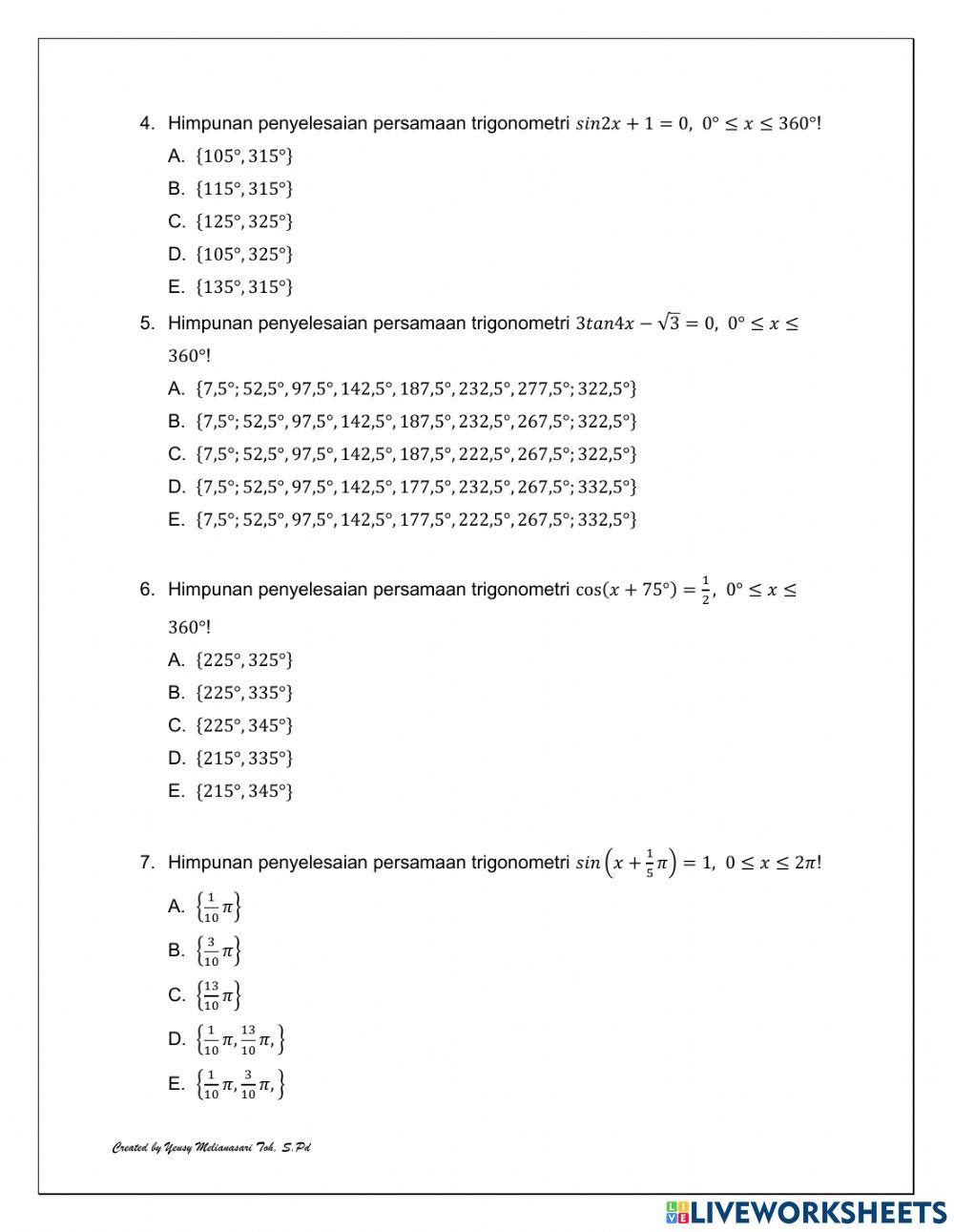 Persamaan Trigonometri bentuk sinx-a, cosx-a, tanx-a
