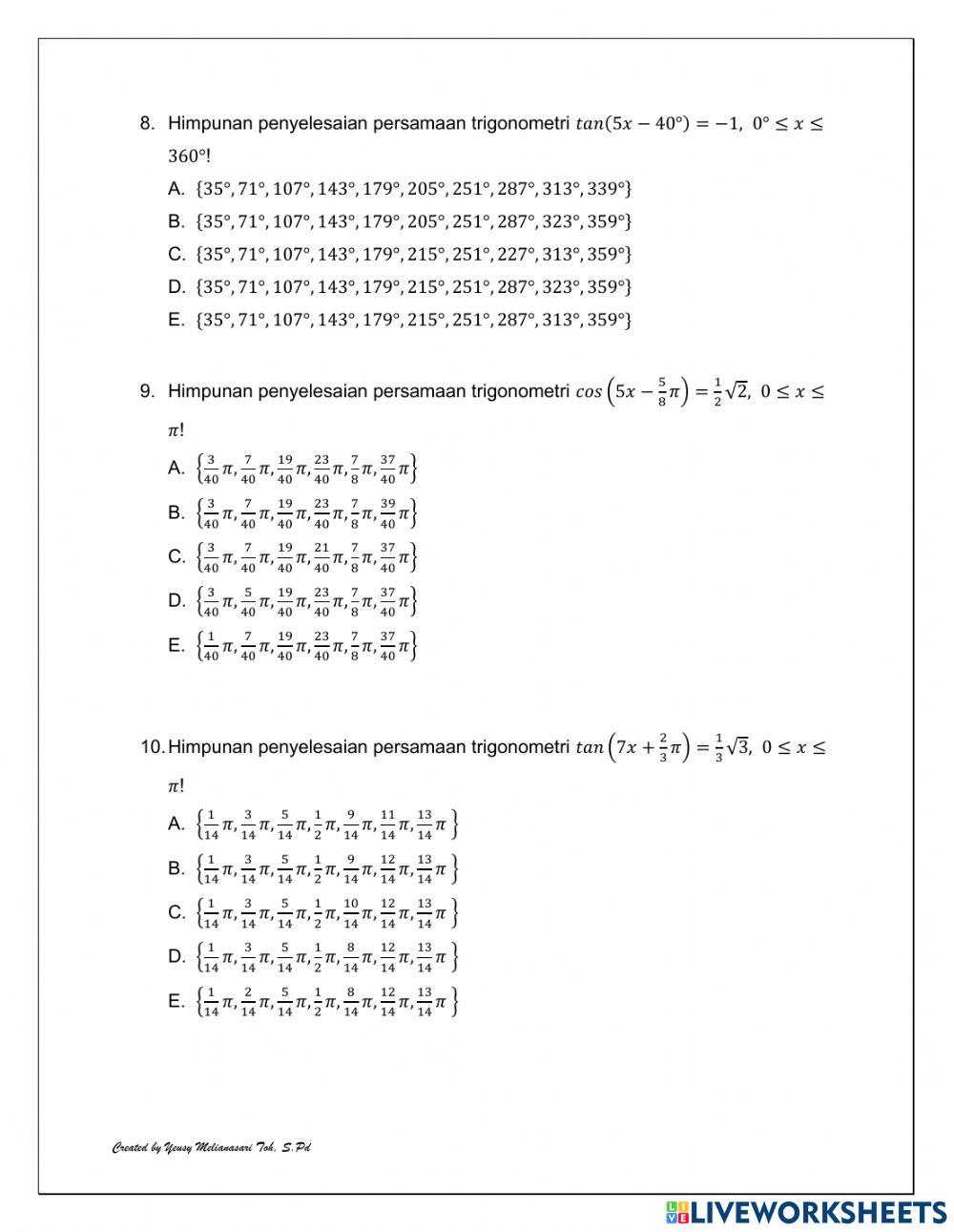 Persamaan Trigonometri bentuk sinx-a, cosx-a, tanx-a