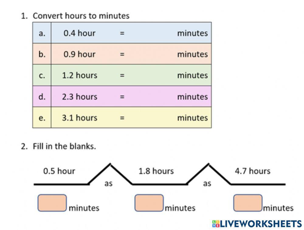 MATE YEAR 5 CONVERT HOUR TO MINUTES DECIMALS online exercise for Live