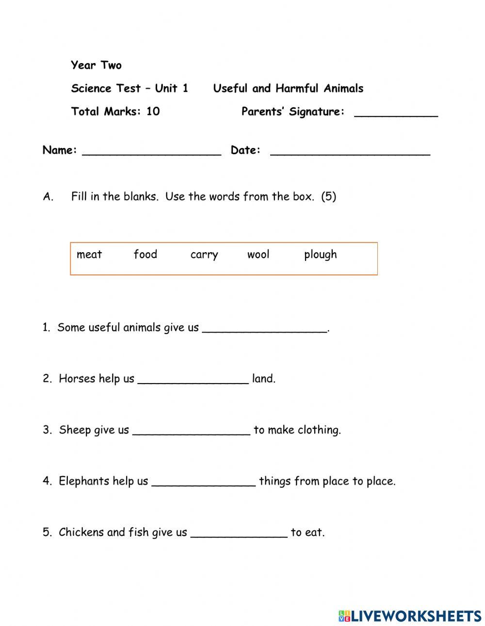 Science Test Unit 1 Useful And Harmful Animals Online Exercise For science-test-unit-1-useful-and-harmful-animals-online-exercise-for
