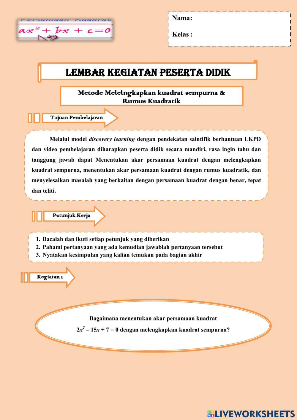 Melengkapkan Kuadrat Sempurna & Rumus Kuadratik