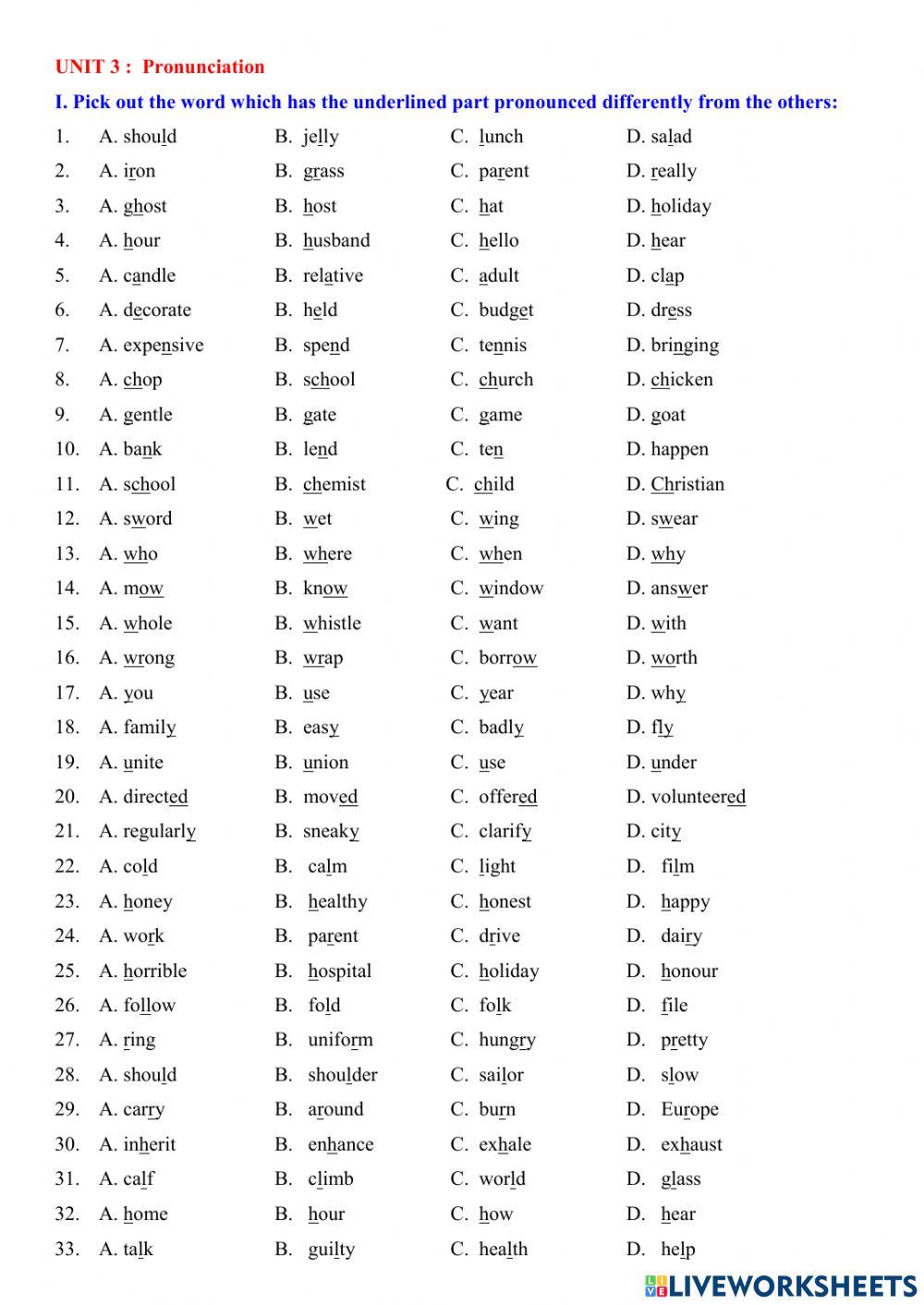 E11 unit 3 pronunciation worksheet Live Worksheets