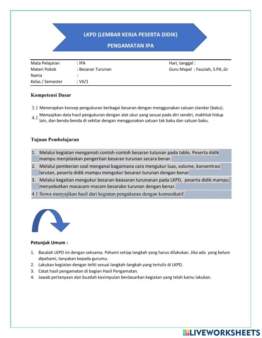 LKPD Kelas 7 3.1 Besaran Turunan