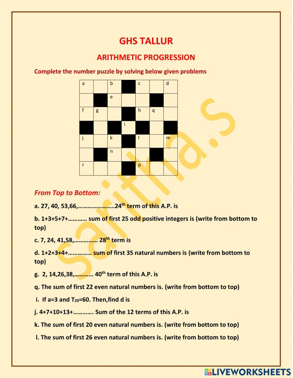 Arithmetic progression online activity | Live Worksheets