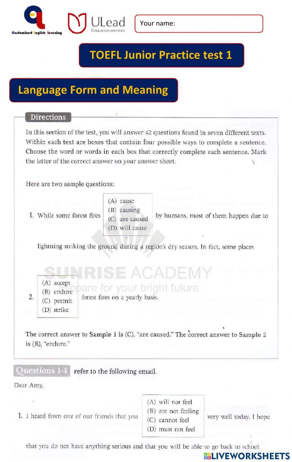 TOEFL Junior grammar test 1