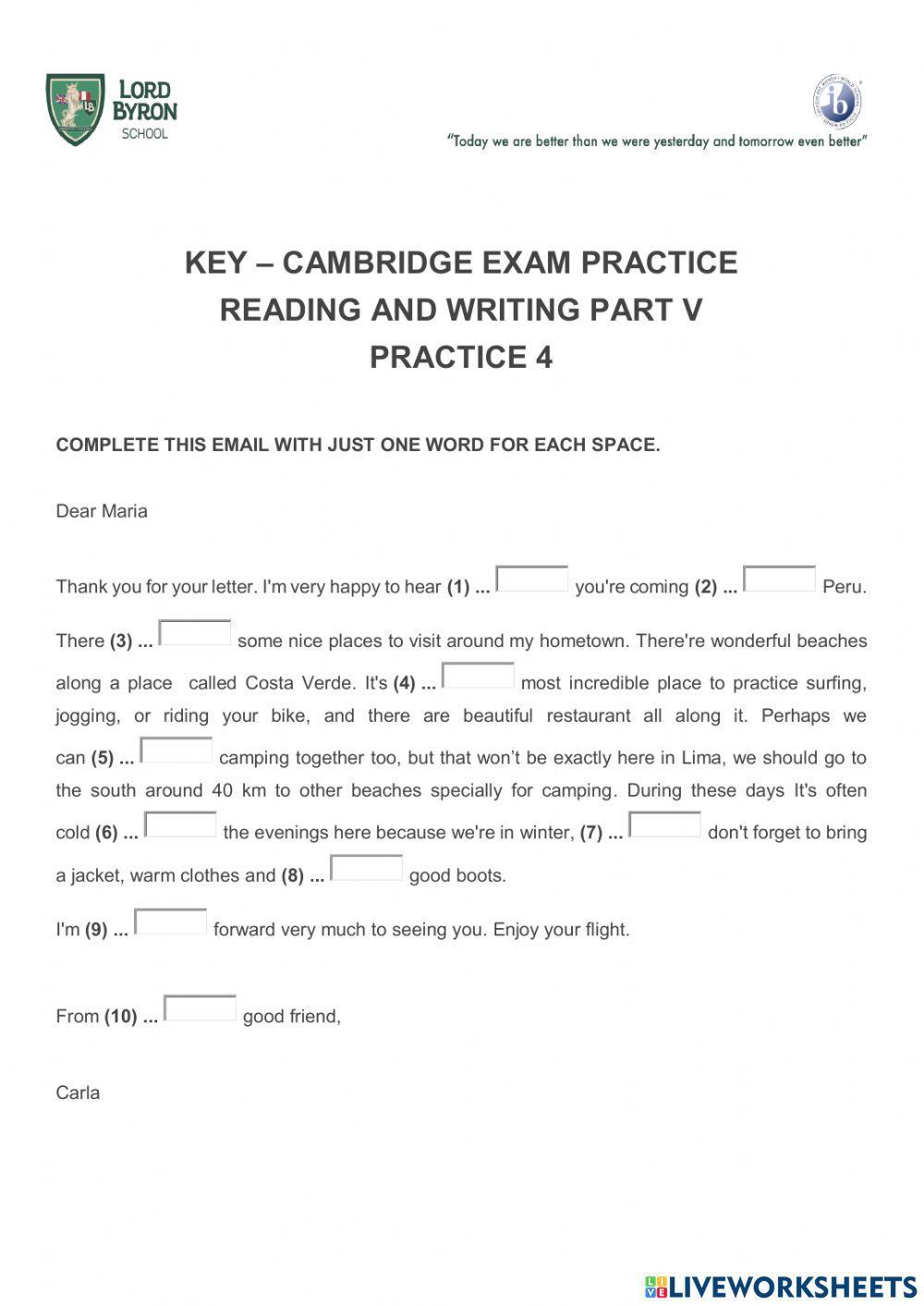 Key exam practice reading part v