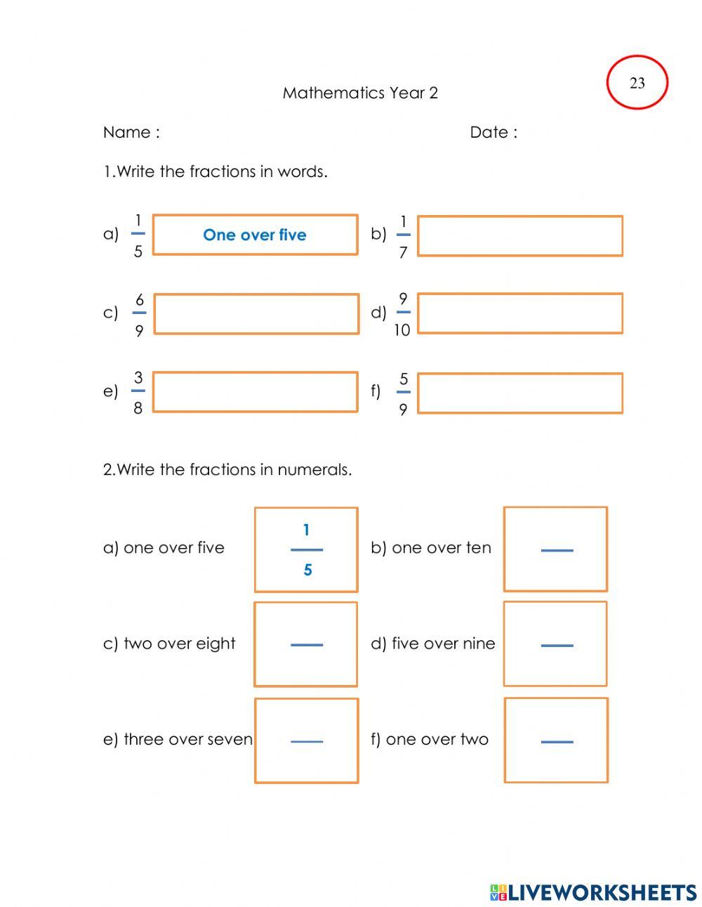 Write fractions Write fractions