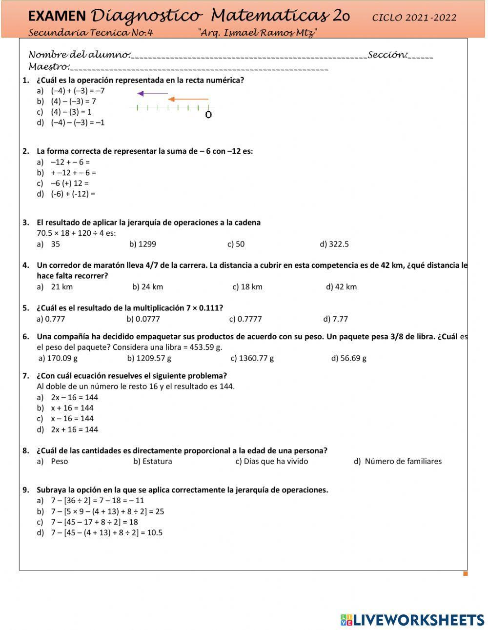 Examen diagnostico de matemáticas