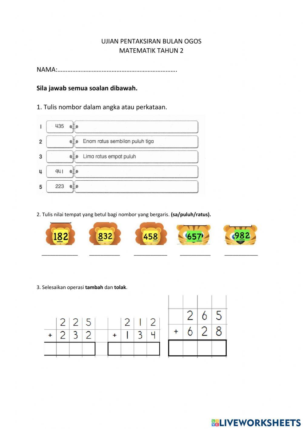 Ujian pentaksiran bulan ogos matematik tahun 2