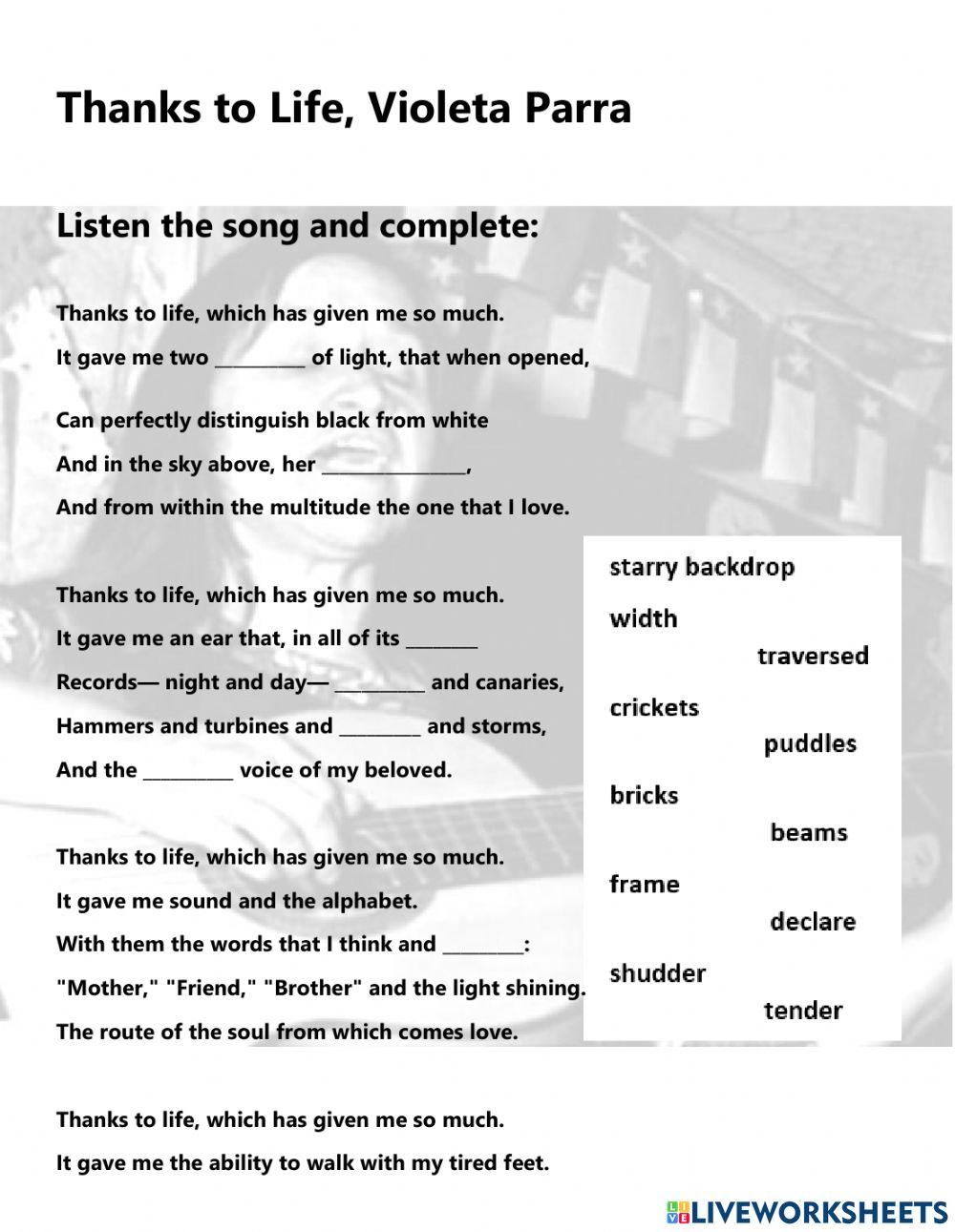 Listening comprehension Gracias a la vida - Violeta Parra