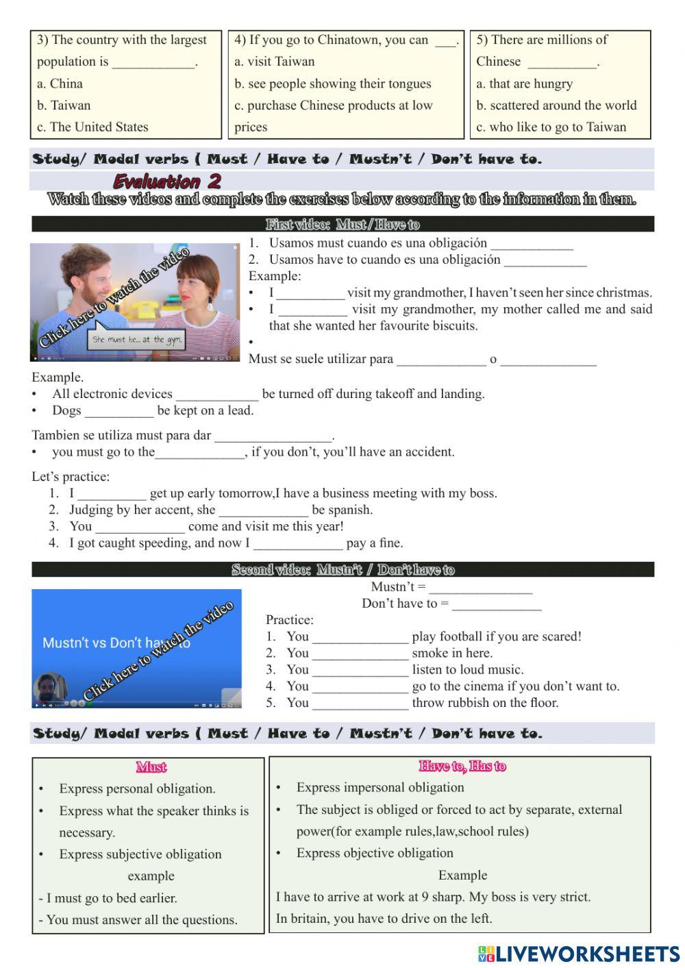 Modal verbs (obligation, prohibition and absence of obligation)