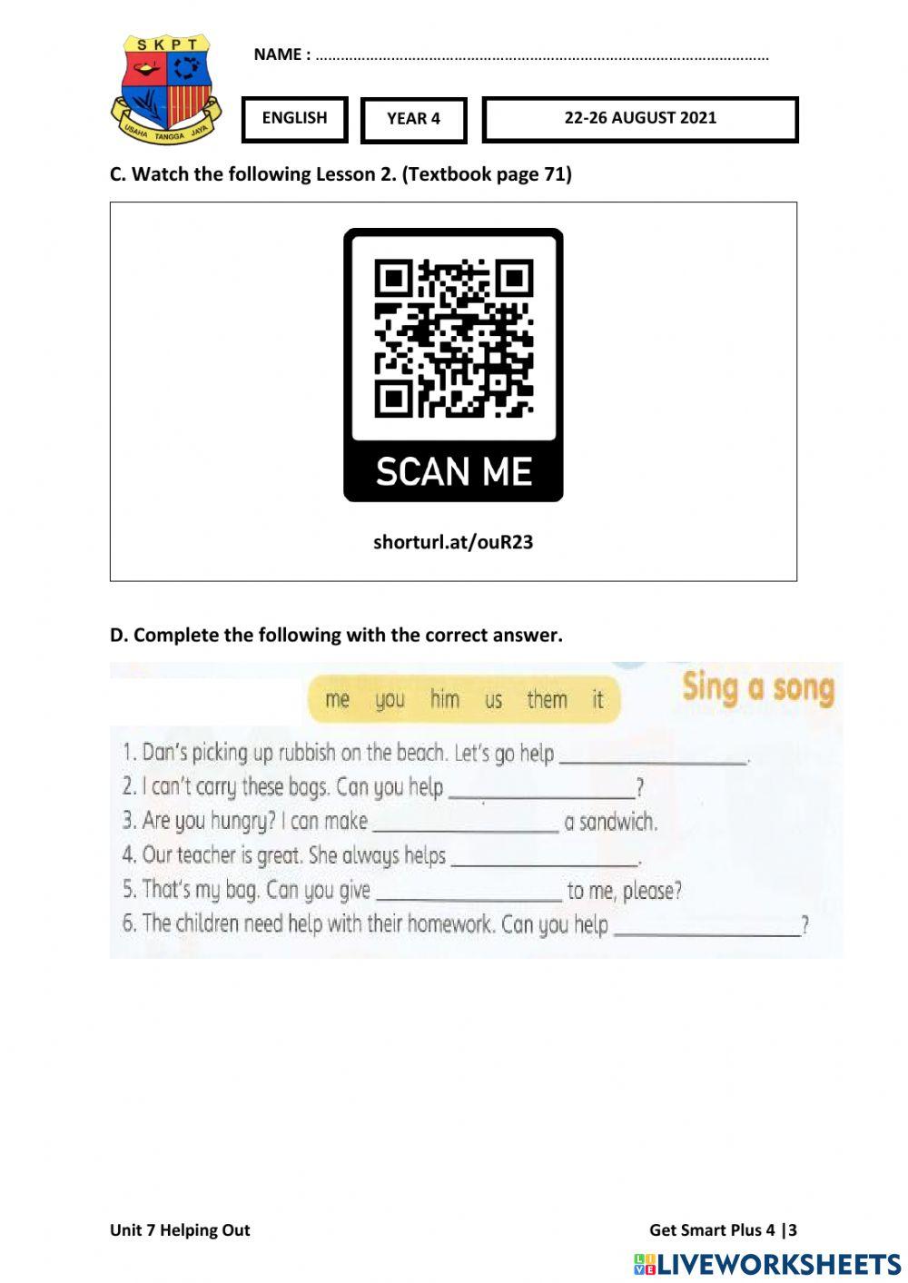 ENG Y4 Week 28 (22-26 AUG) Worksheets 1 Textbook page 71