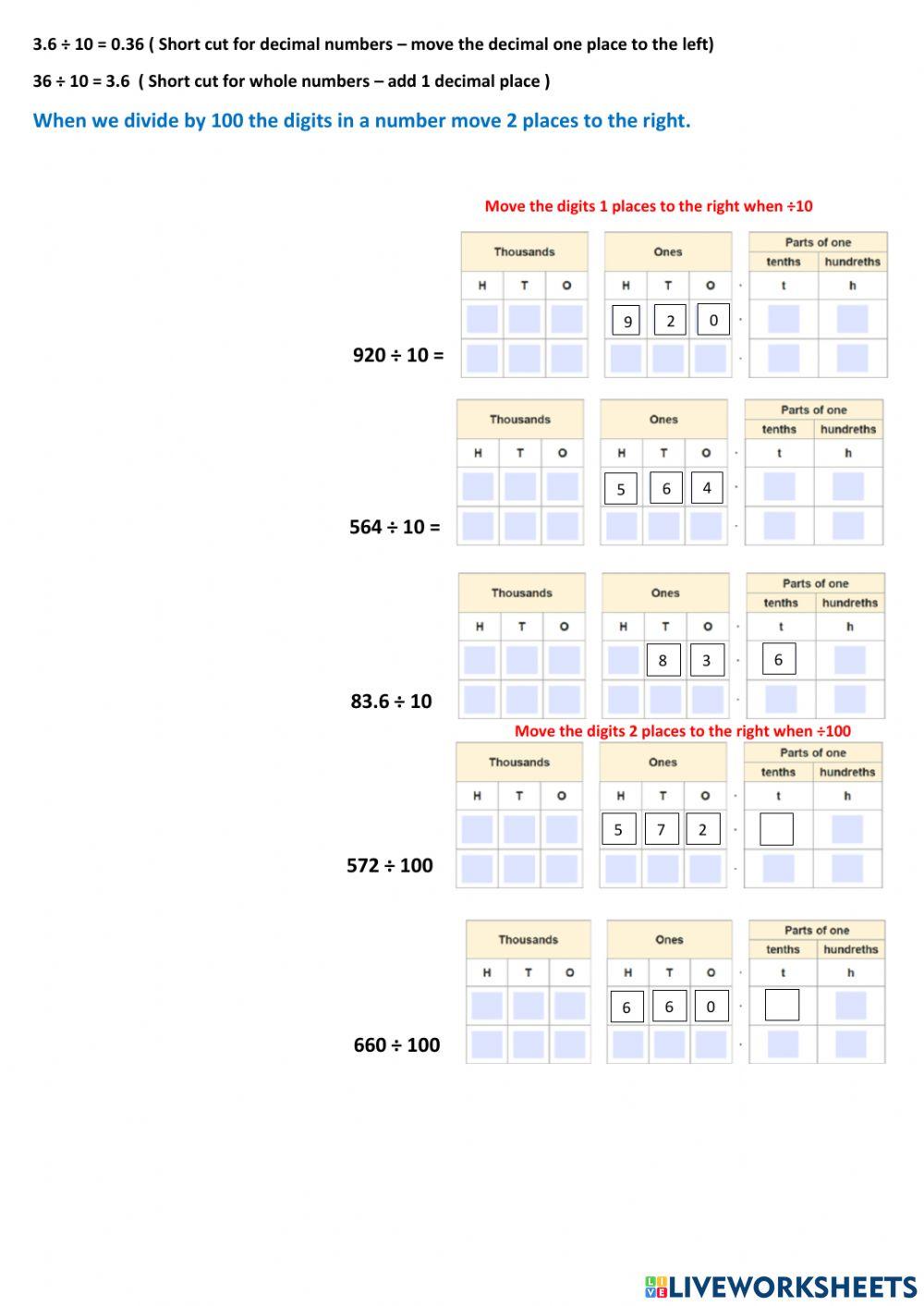 Multiplying and Dividing  by 10 and 100 Scaffolding Set 2