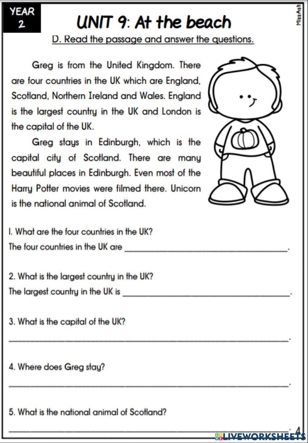 English Y2 worksheet At the beach