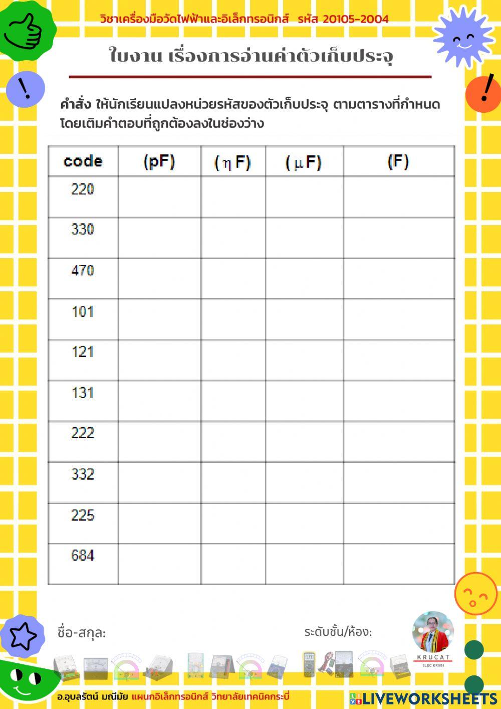 ใบงาน เรื่องการอ่านค่าตัวเก็บประจุ