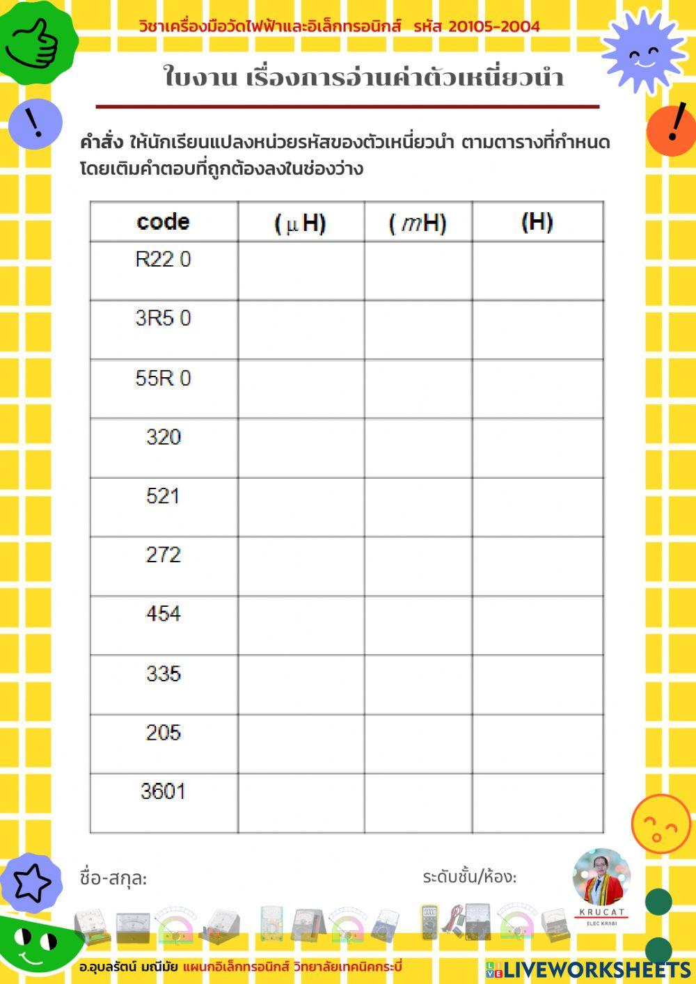 ใบงาน เรื่องการอ่านค่าตัวเหนี่ยวนำ