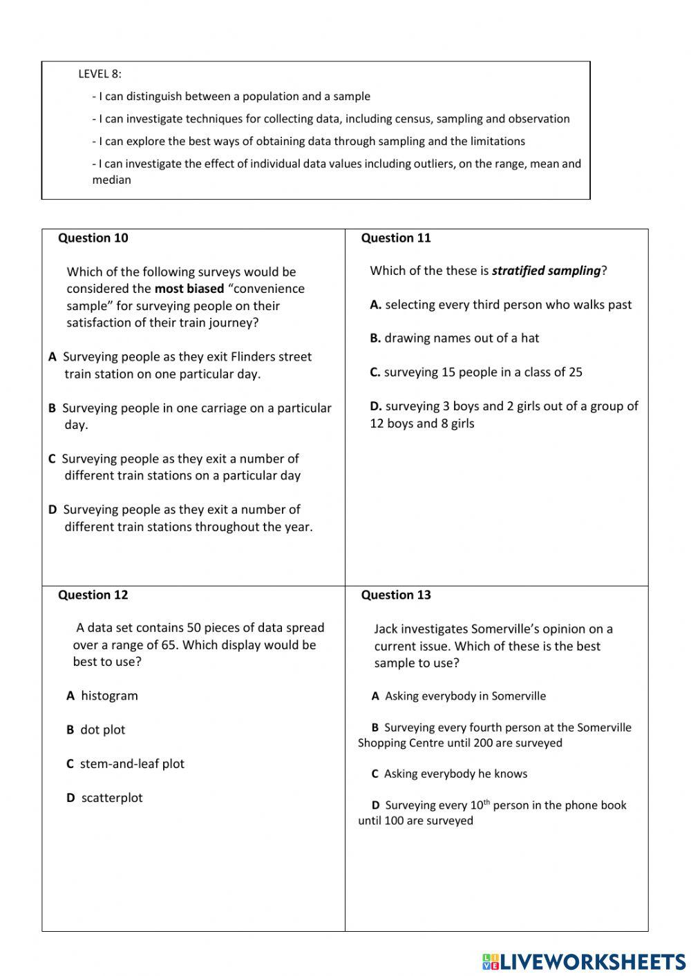 Pre-topic Test Year 8 Statistics